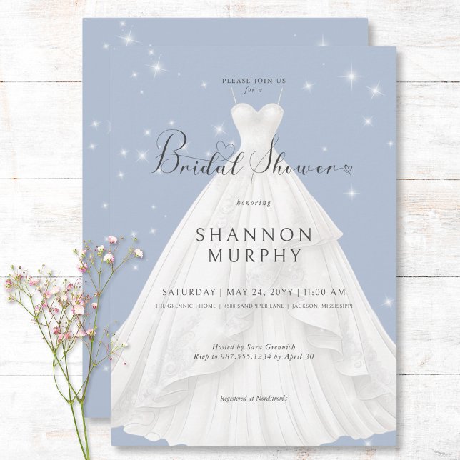 Convite Vestido de casamento moderno no Chá de panela de S (Modern Wedding Dress on Blue Sparkle Bridal Shower Invitation)