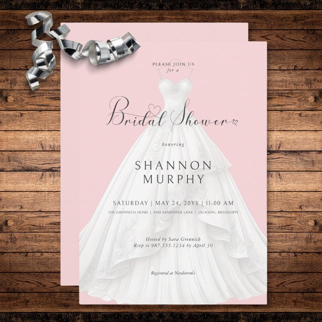 Convite Vestido de casamento moderno no Chá de panela rosa (Modern Wedding Dress on Pink Bridal Shower Invitation)