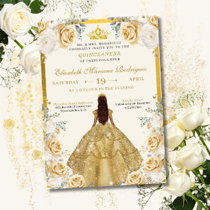 Convite Vestido de Champagne Dourado Tiara Princesa Quince