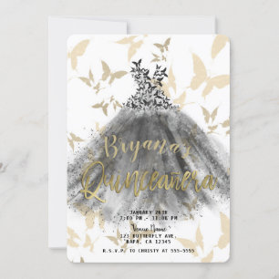 Convite Vestido de Dança Borboleta Preto e Dourado Quincea