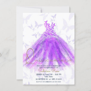 Convite Vestido de Dança Borboleta Roxo e Rosa Quinceañera