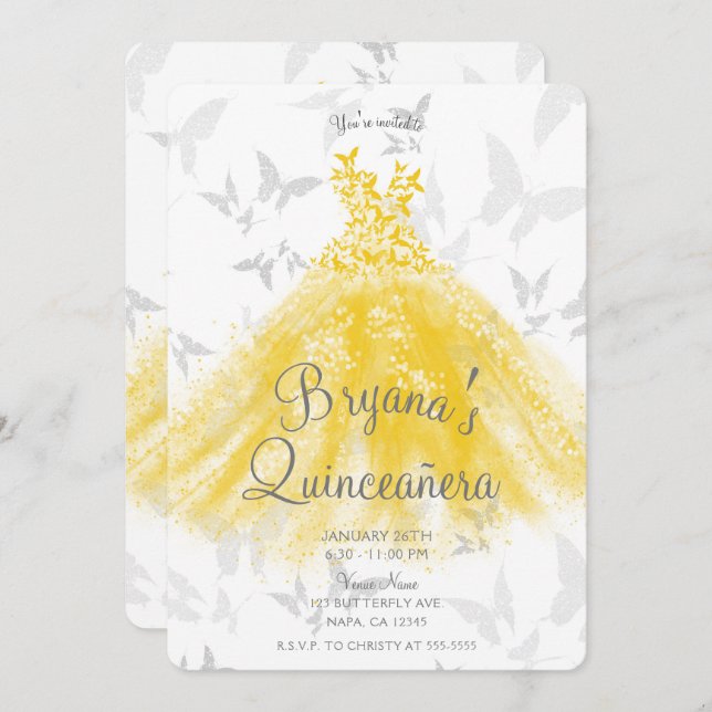 Convite Vestido de dança de borboleta amarelo Quinceañera (Frente/Verso)