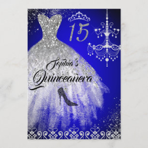 Convite Vestido de Diamante Brilhante Azul Prata Quinceane