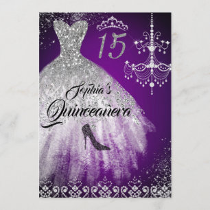 Convite Vestido de Diamante Brilhante Roxo Prata Quinceane