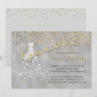 Convite Vestido de Diamante Dourado de Prata Quinceanera C