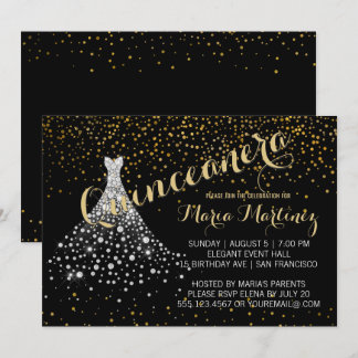 Convite Vestido de Diamante Dourado Negro Quinceanera Conv