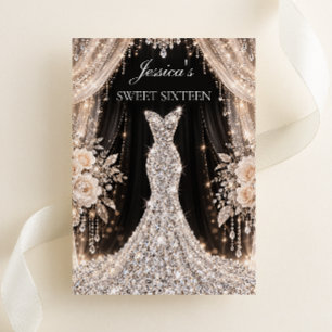 Convite Vestido de Diamante Elegante Preto & Champanhe Swe