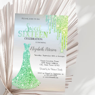 Convite Vestido de diamantes Chic Green Glitter Drips, doc