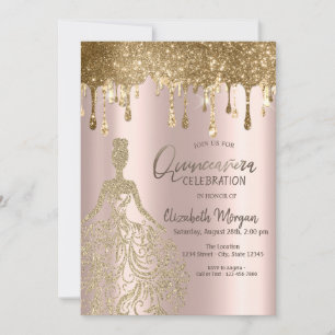 Convite Vestido de Drips de Brilho em Rose Gold Quinceaner