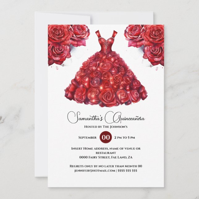 Convite Vestido de festa de 15 anos elegante rosa vermelha (Frente)