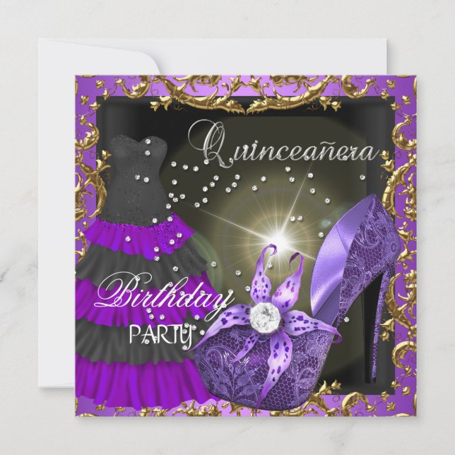 Convite Vestido de festa de 15 anos Quinceanera roxo (Frente)