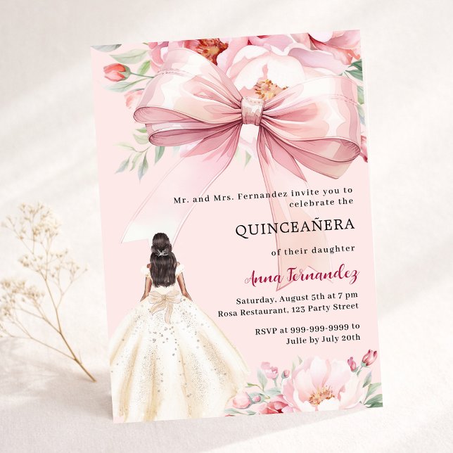 Convite Vestido de florais de laço rosa para Quinceanera (Criador carregado)