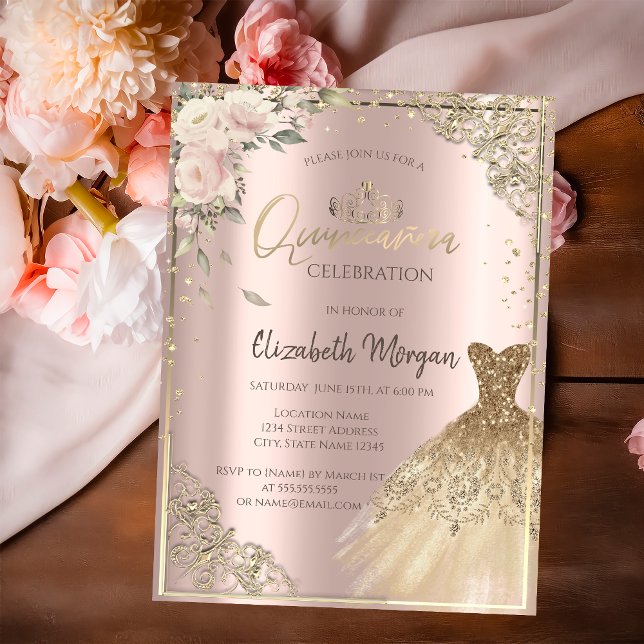 Convite Vestido de Flores Boho, Diamantes Rosa Dourada Qui (Criador carregado)