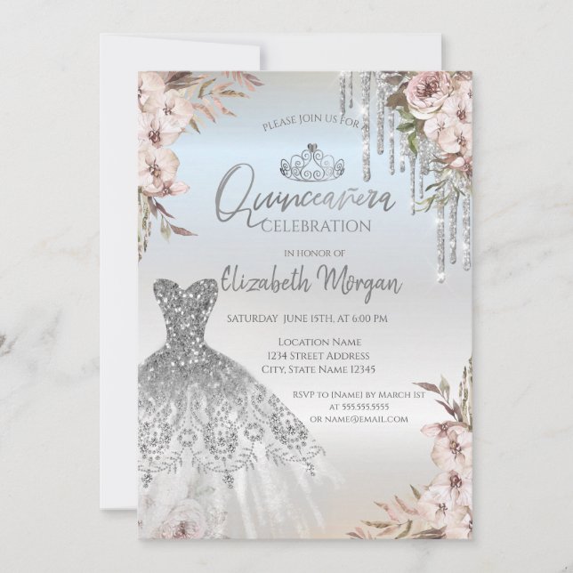 Convite Vestido de Flores Boho Pingentes Prata Quinceanera (Frente)