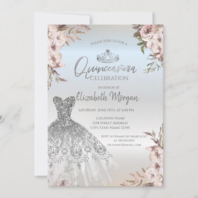 Convite Vestido de Flores Boho Quinceanera Prata (Frente)