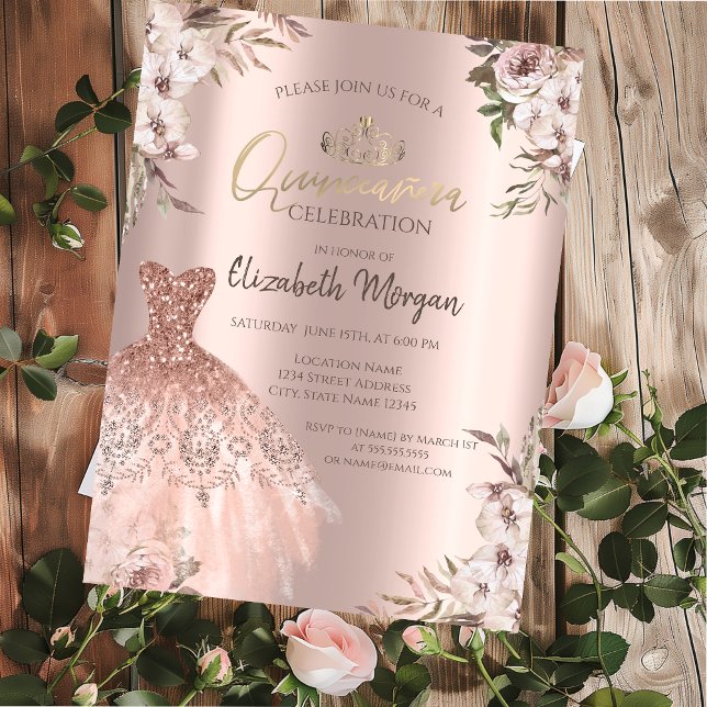 Convite Vestido de Flores Boho Rosa Dourado Quinceanera (Criador carregado)