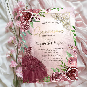 Convite Vestido de Flores Burgundy Chic Quinceanera Moldur