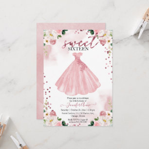 Convite Vestido de Flores de Aquarela Rosa Dourado Sweet 1