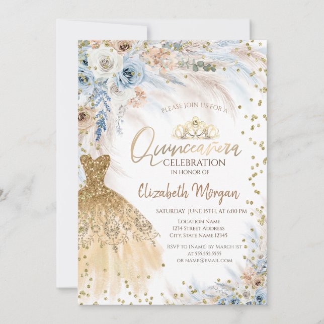 Convite Vestido de Flores de Grama das Pampas Diamantes Qu (Frente)