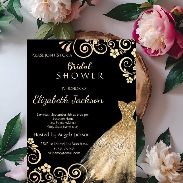 Convite Vestido de Flores Douradas Chic Glitter Bridal Sho (Criador carregado)