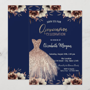 Convite Vestido de Flores em Rose Gold Azul Naval Quinceañ