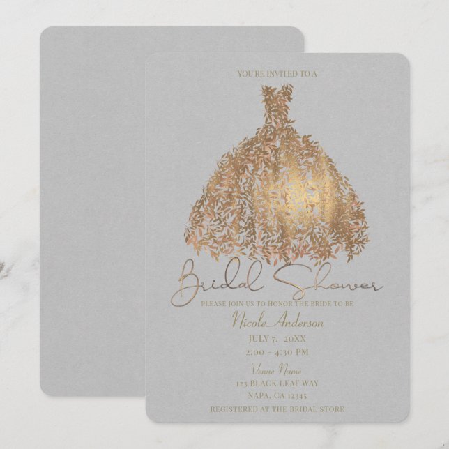 Convite Vestido de Folhas Botânicas em Rose Gold para Chá  (Frente/Verso)