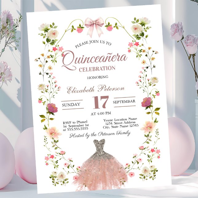 Convite Vestido de Glitter com Arco e Flores Silvestres Qu (Criador carregado)