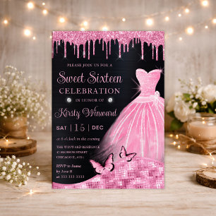 Convite Vestido de Glitter Rosa Bebê Aquarela Sweet Sixtee