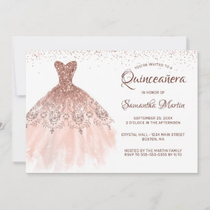 Convite Vestido de glitter rosa dourado de Quinceanera em