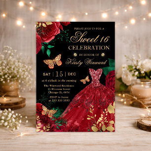 Convite Vestido de Glitter Vermelho em Aquarela & Rosas Sw