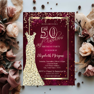 Convite Vestido de Lantejoulas Douradas Aniversário de 50 