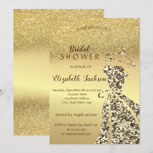 Convite Vestido de Lantejoulas Douradas, Brilho Dourado Bo (Frente/Verso)
