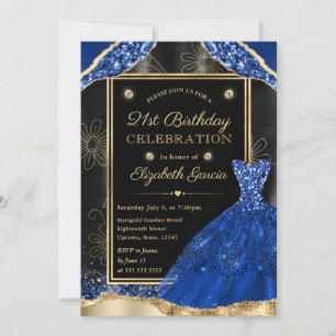 Convite Vestido de Lantejoulas Dourado e Azul Real 21º Ani