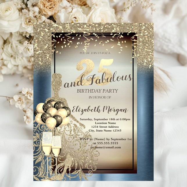 Convite Vestido De Leve,Balões,25 Azul Metálico Aniversári (Criador carregado)