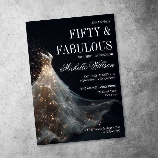 Convite Vestido de Noite Cinquenta e Fabuloso Brilho Doura (elegant white dress with golden sparkle and glitter, 50 and fabulous birthday invitation)