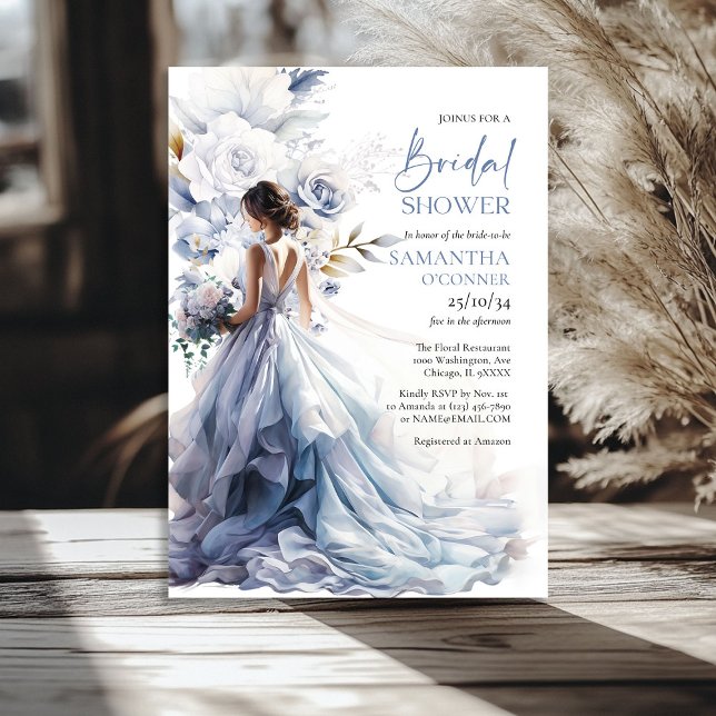 Convite Vestido de noiva de eucalipto floral azul-poeirent (Boho dusty blue floral eucalyptus bridal dress invitation)