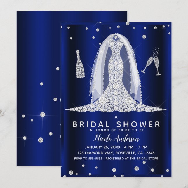 Convite Vestido de Noiva Diamante Brilho Azul Presente de  (Frente/Verso)