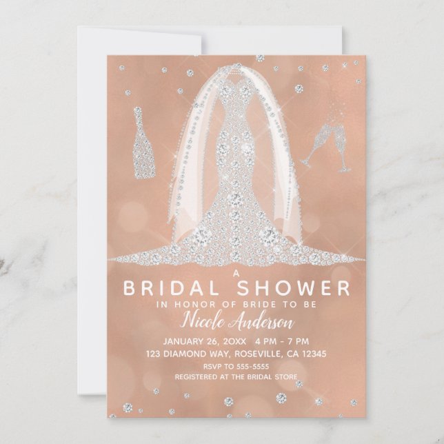 Convite Vestido de Noiva Diamante Glamour Rosa Choque Chá  (Frente)