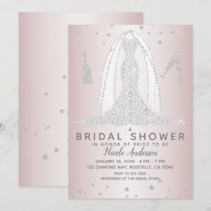 Convite Vestido de Noiva Diamante Rosa Bege Casamento Chá 