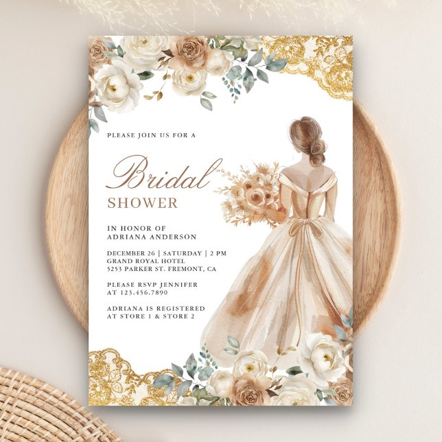 Convite Vestido de Noiva Floral Terroso com Renda Dourada  (Criador carregado)