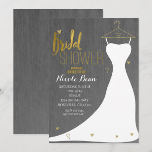 Convite Vestido de Noiva Moderno & Coração de Ouro Chá de 
