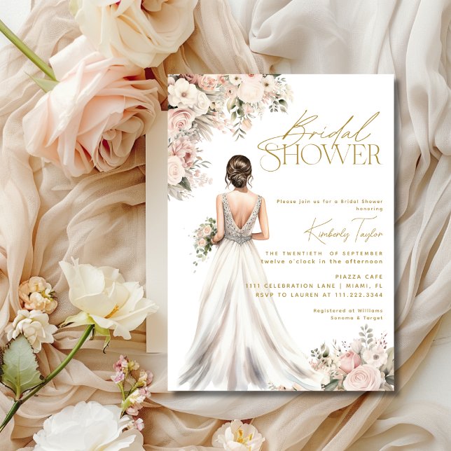 Convite Vestido de Noiva Saia Longa Morena Chuveiro de Noi (Wedding Dress Gown Brunette Floral Bridal Shower Invitation)