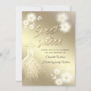 Convite Vestido de ouro adorável, pérola, doce floral deze
