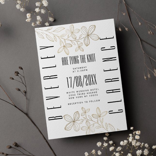 Convite Vestido de ouro branco e tipografia preto (Retro black typography white gold floral wedding)