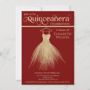 Convite Vestido de ouro chico vermelho Quinceañera