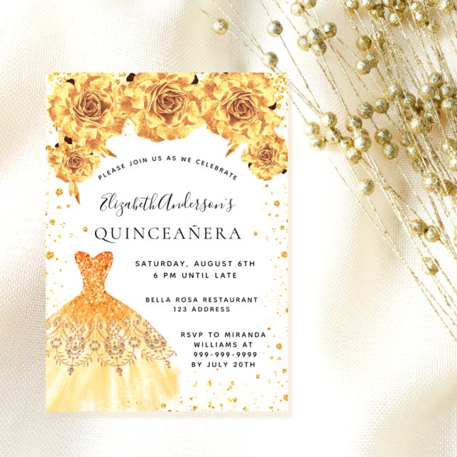 Convite Vestido de ouro de Quinceanera glamouroso floral (Criador carregado)