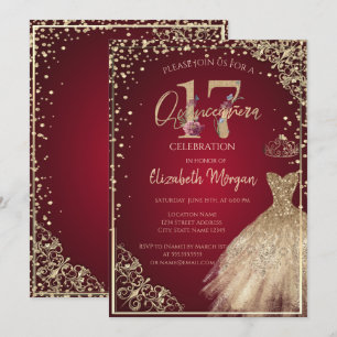 Convite Vestido de Ouro Diamantes Floral Vermelho Quinceañ
