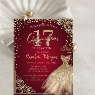 Convite Vestido de Ouro Diamantes Floral Vermelho Quinceañ