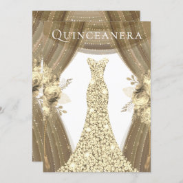 Convite Vestido de ouro e Flores Elegante Quinceanera