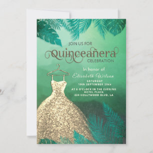 Convite Vestido de ouro tropical tropical verde Quinceañer